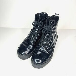 T.U.K. Platform Boots Women 6 Side Zip V9781 Shiny Black Faux Leather EU 37